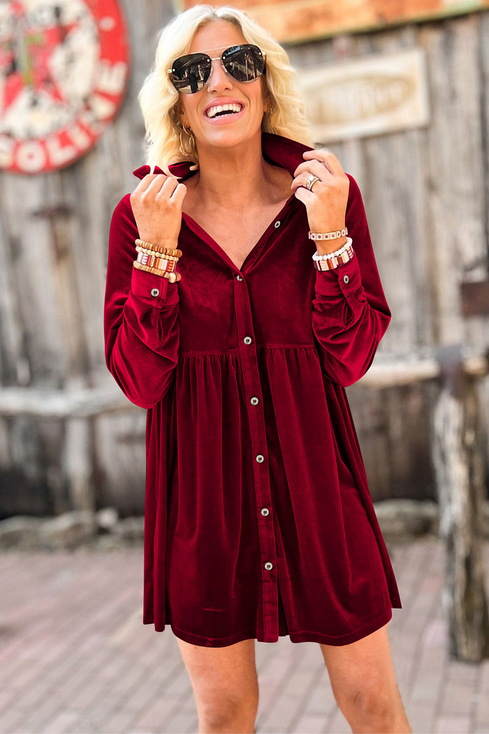 Fiery Red Long Sleeve Ruffle Velvet Button Up Dress - Image 2