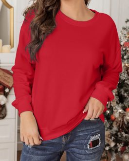 Red Plain Crew Neck Pullover Sweatshirt