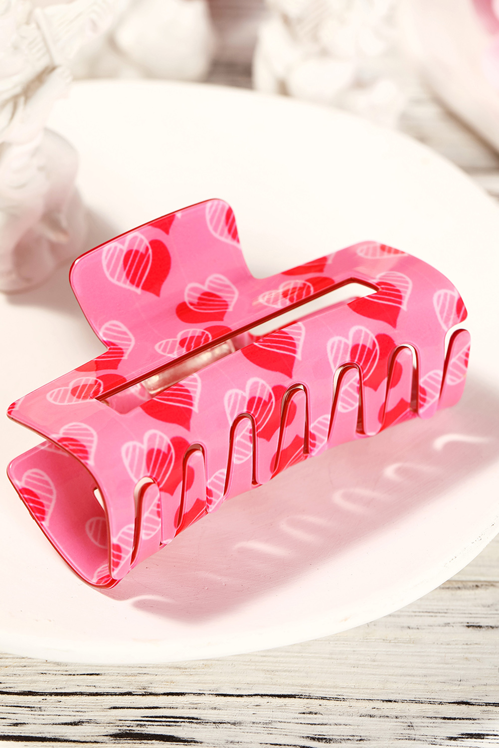 Pink Double Heart Printed Valentines Fashion Hair Claw - Image 4