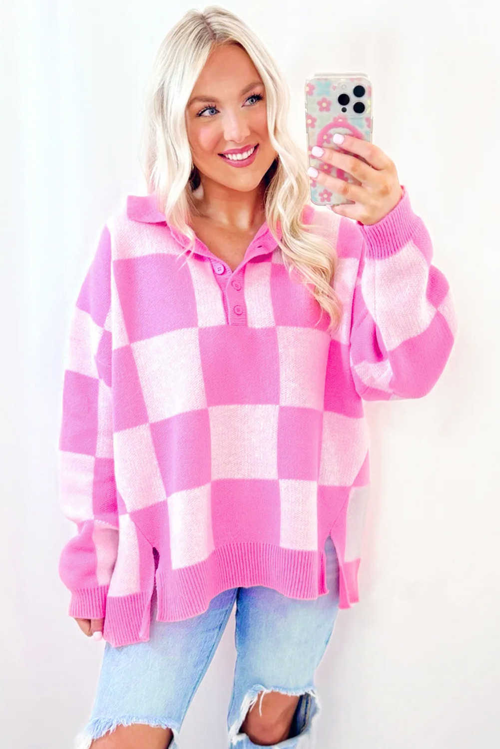 Pink Checkerboard Half Button Collared Drop Shoulder Sweater - Image 3
