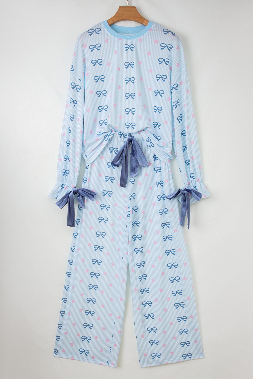 Sky Blue Stripe Bow Star Print Tied Detail 2pcs Lounge Set - Image 2