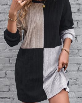 Black Ribbed Color Block Drop Shoulder Long Sleeve Mini Dress