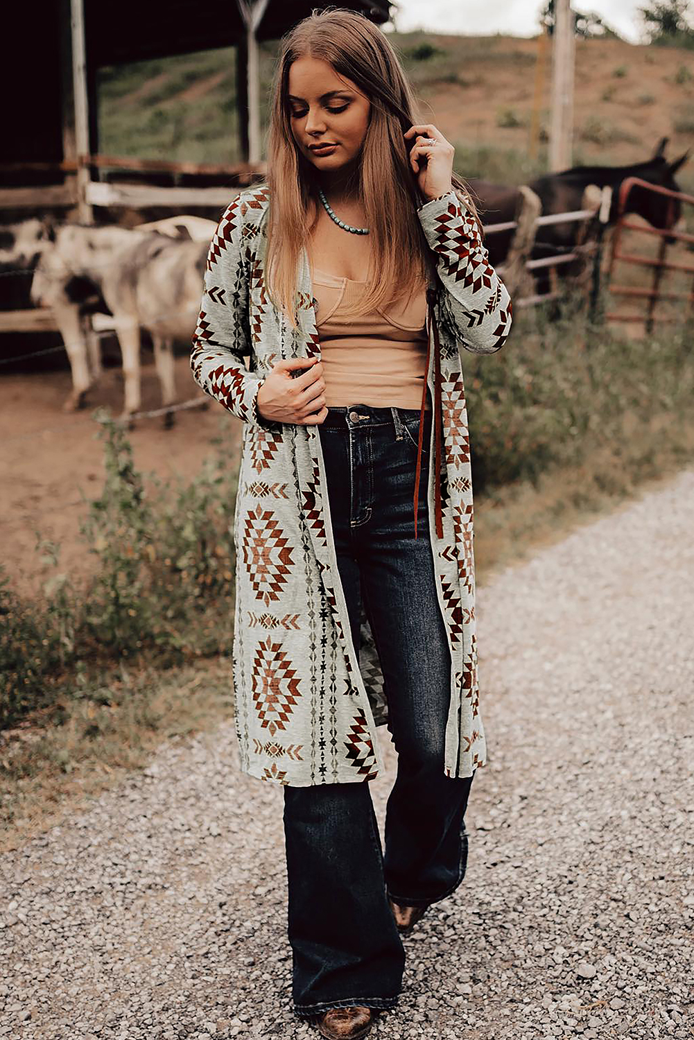 Brown Western Aztec Printed Open Front Long Cardigan - Image 3