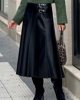 Black Faux Leather Retro Buckle Detail Pleated Stitch Flared Midi Skirt