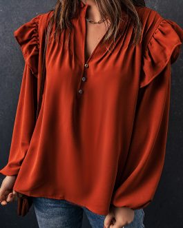 Orange Ruffled Pleated Buttoned V Neck Blouse