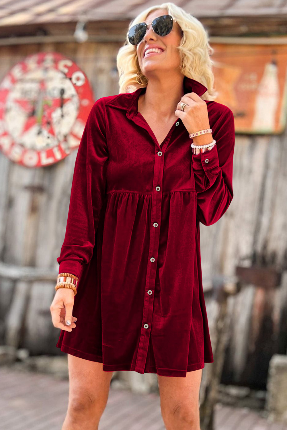 Fiery Red Long Sleeve Ruffle Velvet Button Up Dress - Image 3