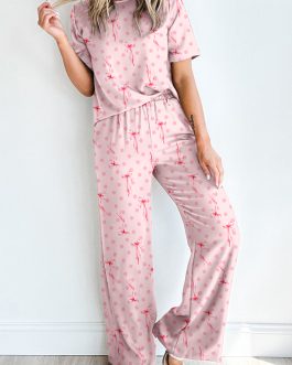 Pink Bow Knot Polka Dot Print Short Sleeve Top Lounge Set