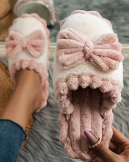 Fushia Bow Decor Color Block Ribbed Plush Slippers