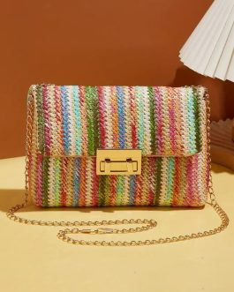 Strawberry Pink Bohemian Woven Gold Chain Shoulder Bag