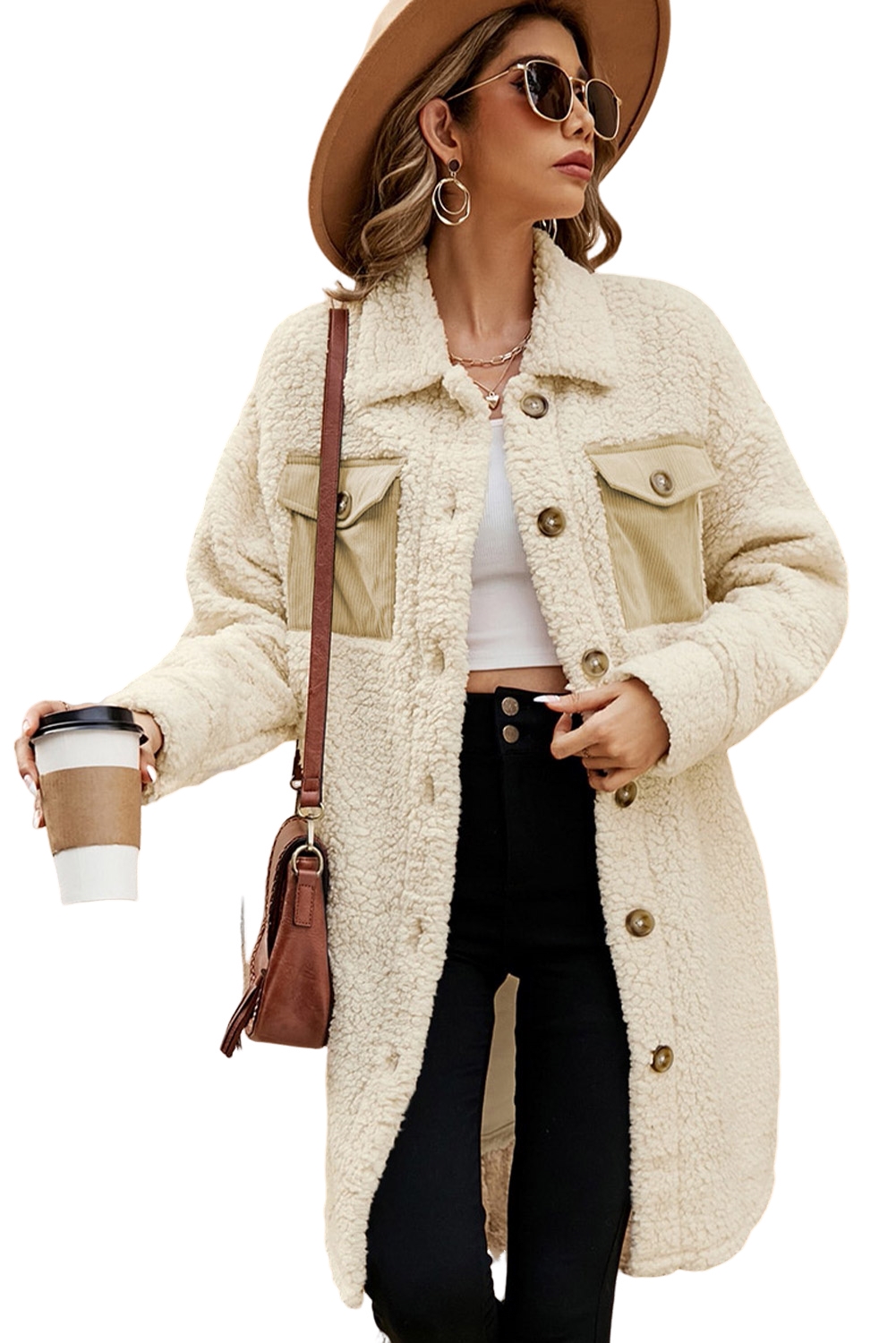 Beige Contrast Flap Pocket Single Breasted Teddy Coat - Image 3