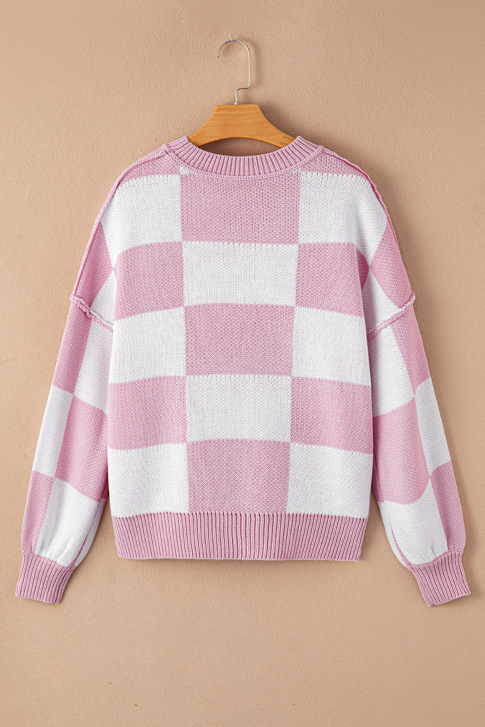Pink Checkered Bishop Sleeve Sweater - Image 6