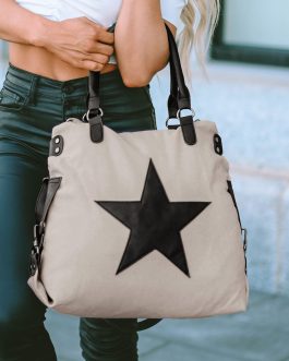 Beige Casual Five-pointed Star Canvas Tote Bag
