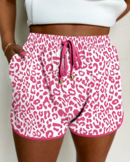 Pink Leopard Elastic Waistband Lace up Contrast Trim Casual Shorts