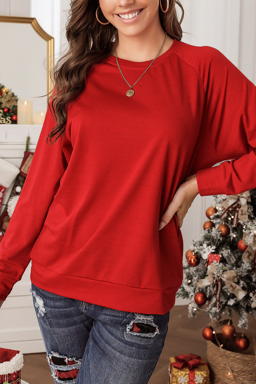 Fiery Red Solid Round Neck Raglan Sleeve Sweatshirt - Image 2