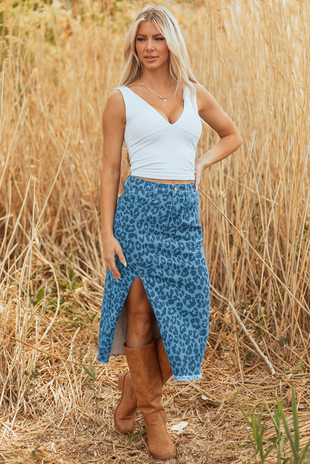 Sky Blue Leopard Denim Frayed Split Denim Midi Skirt - Image 6