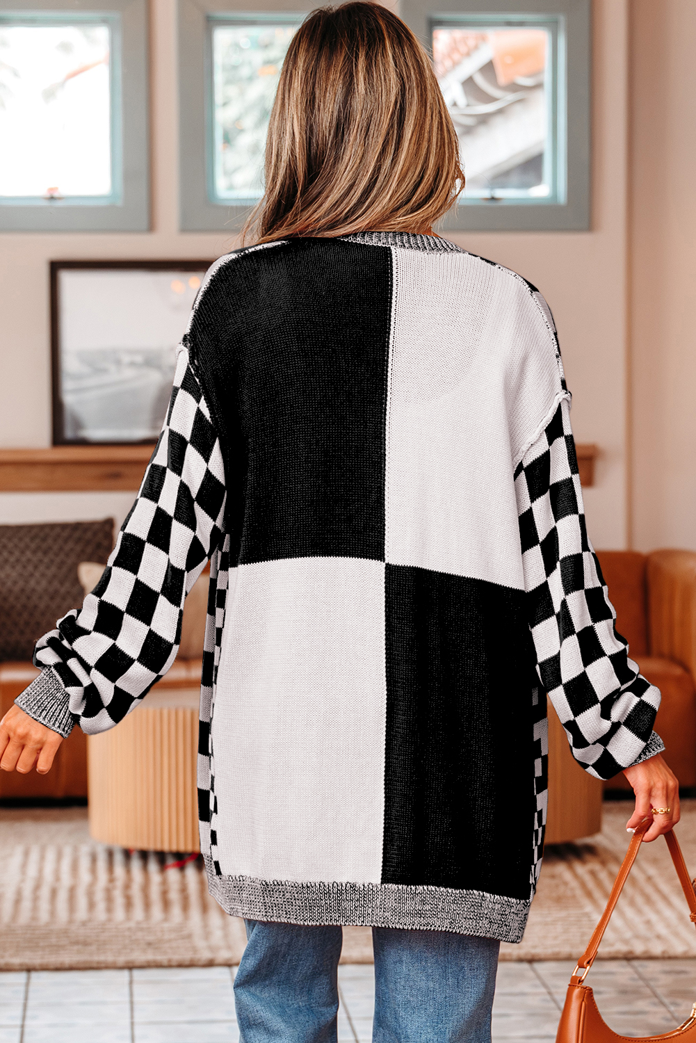 Black Checkered Open Front Drop Shoulder Cardigan - Image 2