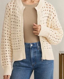 Beige Hollowed Pattern Knit Zip Up Drop Shoulder Sweater Cardigan