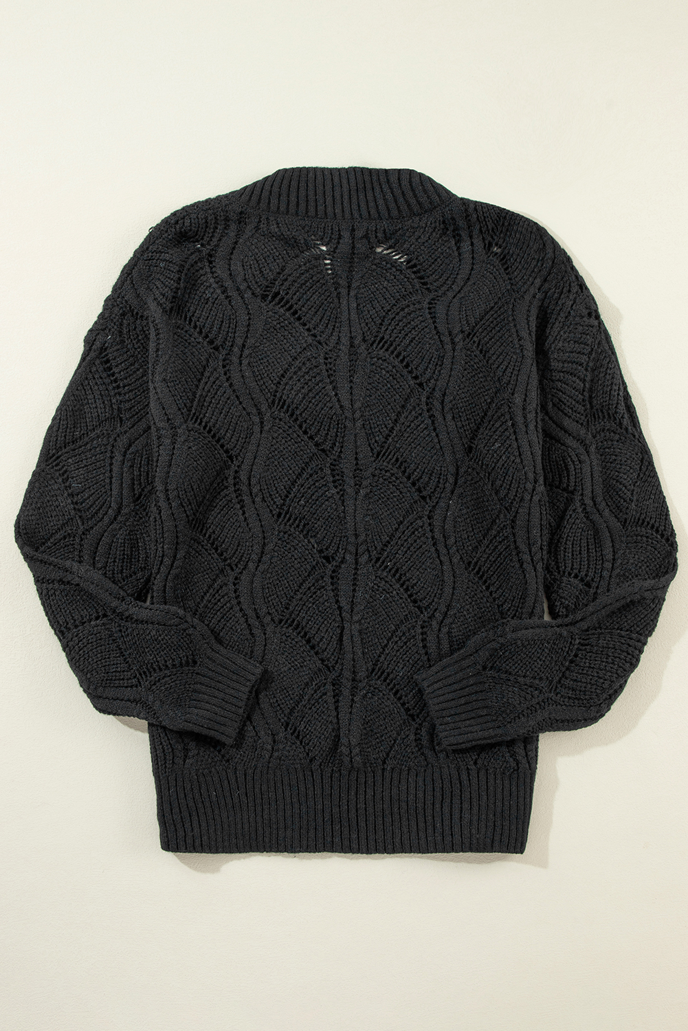 Black Hollow Out Knit V Neck Drop Shoulder Sweater - Image 6