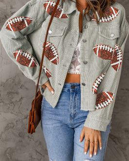 Sky Blue Sequined Rugby Football Patch Ribbed Cotton Jacket