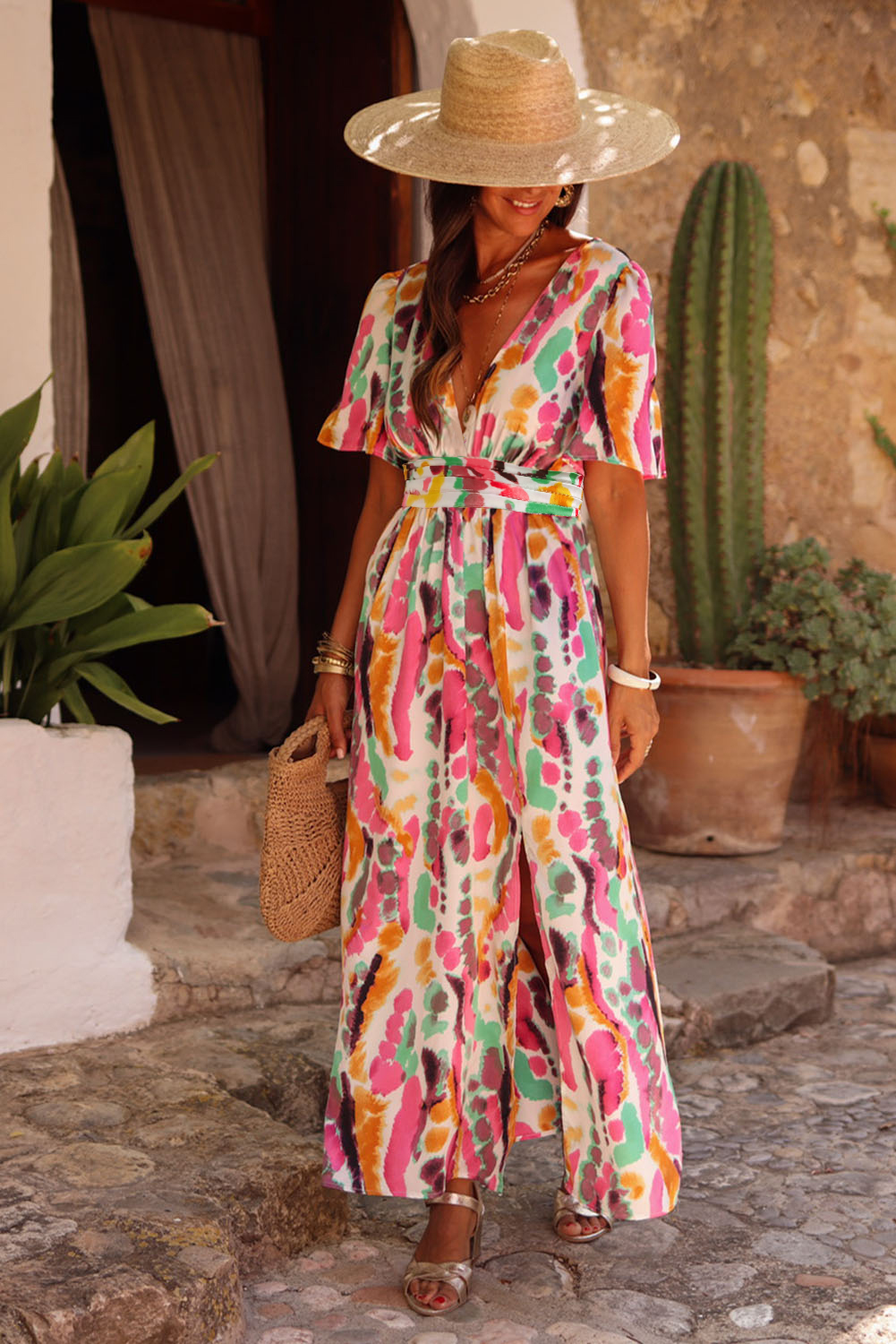 Pink Boho Tie-dye Print V Neck Maxi Dress - Image 5