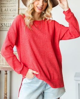 Waffle Knit Side Slit Pullover Top