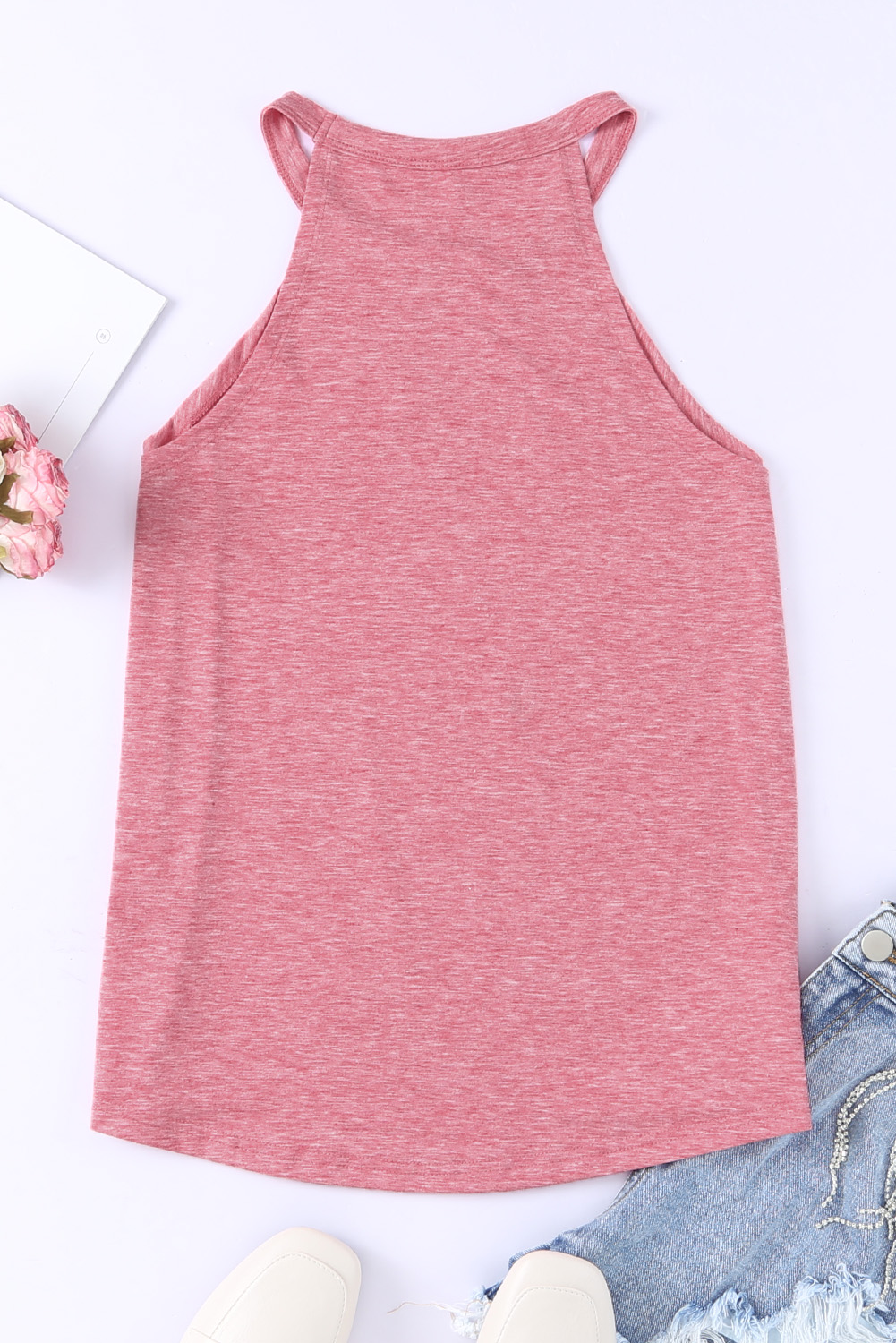 Pink Solid Color Crew Neck Tank Top - Image 8