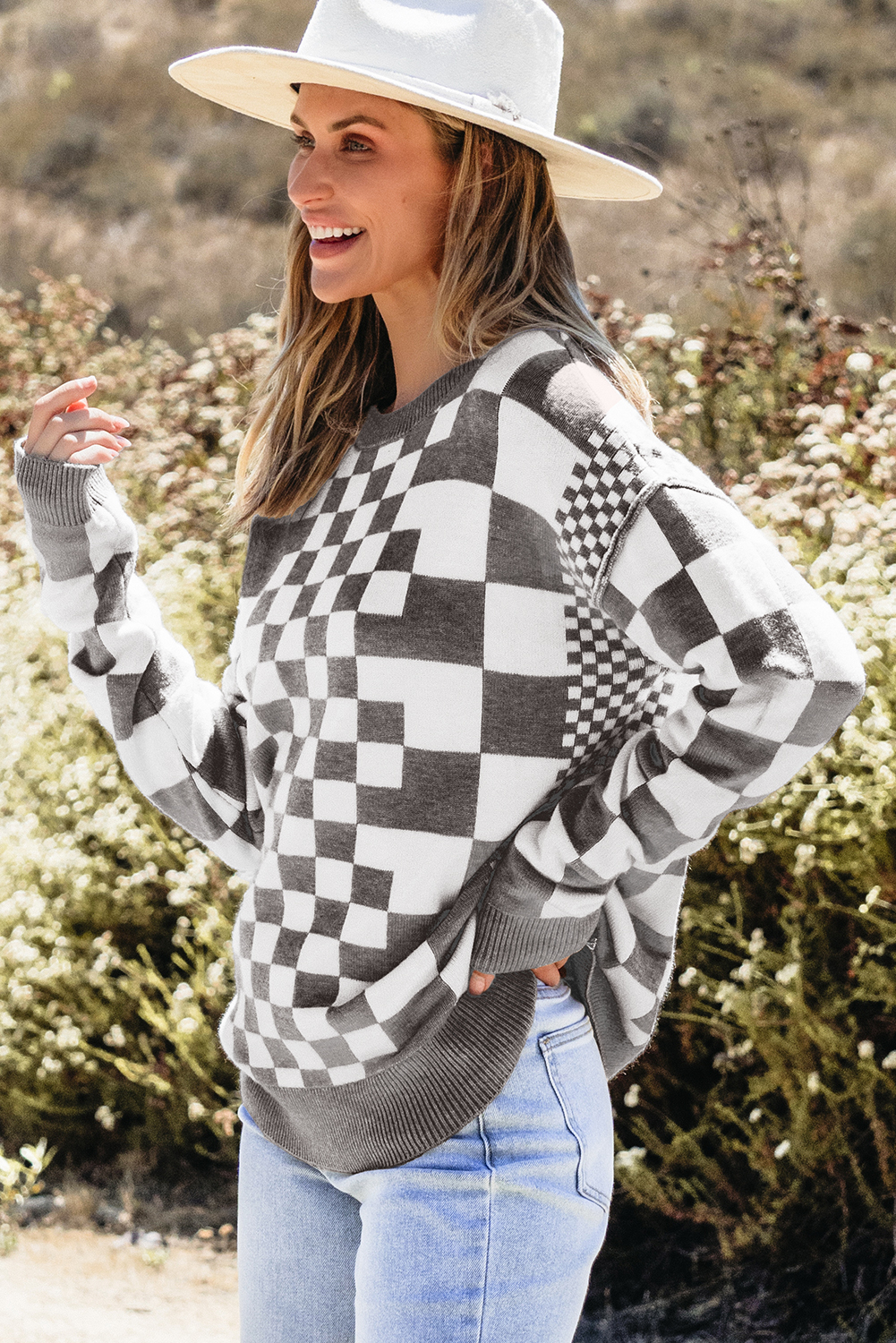 Gray Checkered Print Drop Shoulder Round Neck Sweater - Image 6