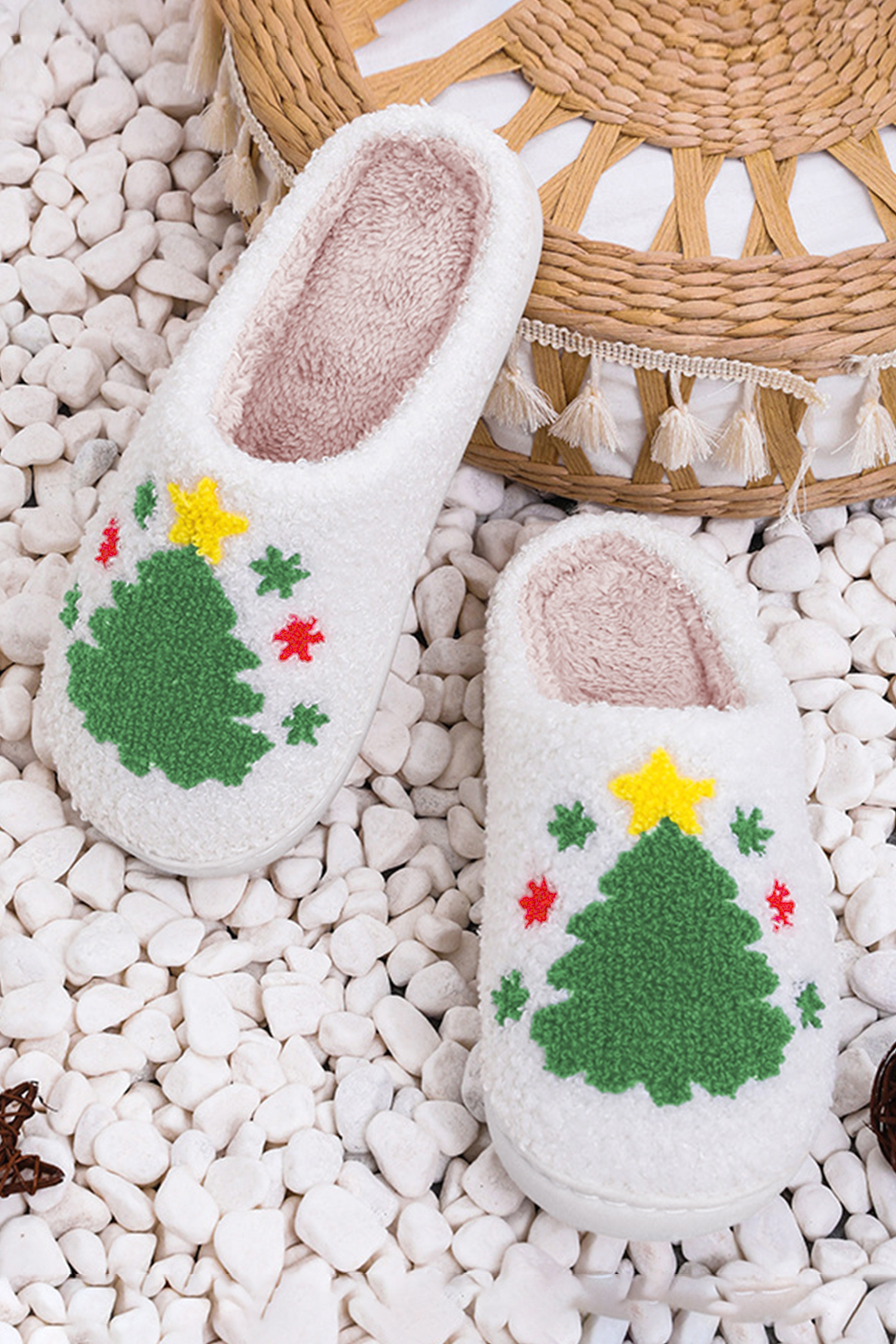 White Fuzzy Christmas Tree Pattern Home Slippers - Image 5