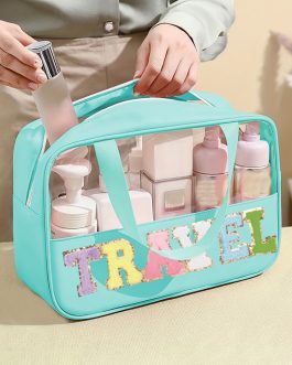 Mint Green TRAVEL Chenille Letter Clear PVC Makeup Bag
