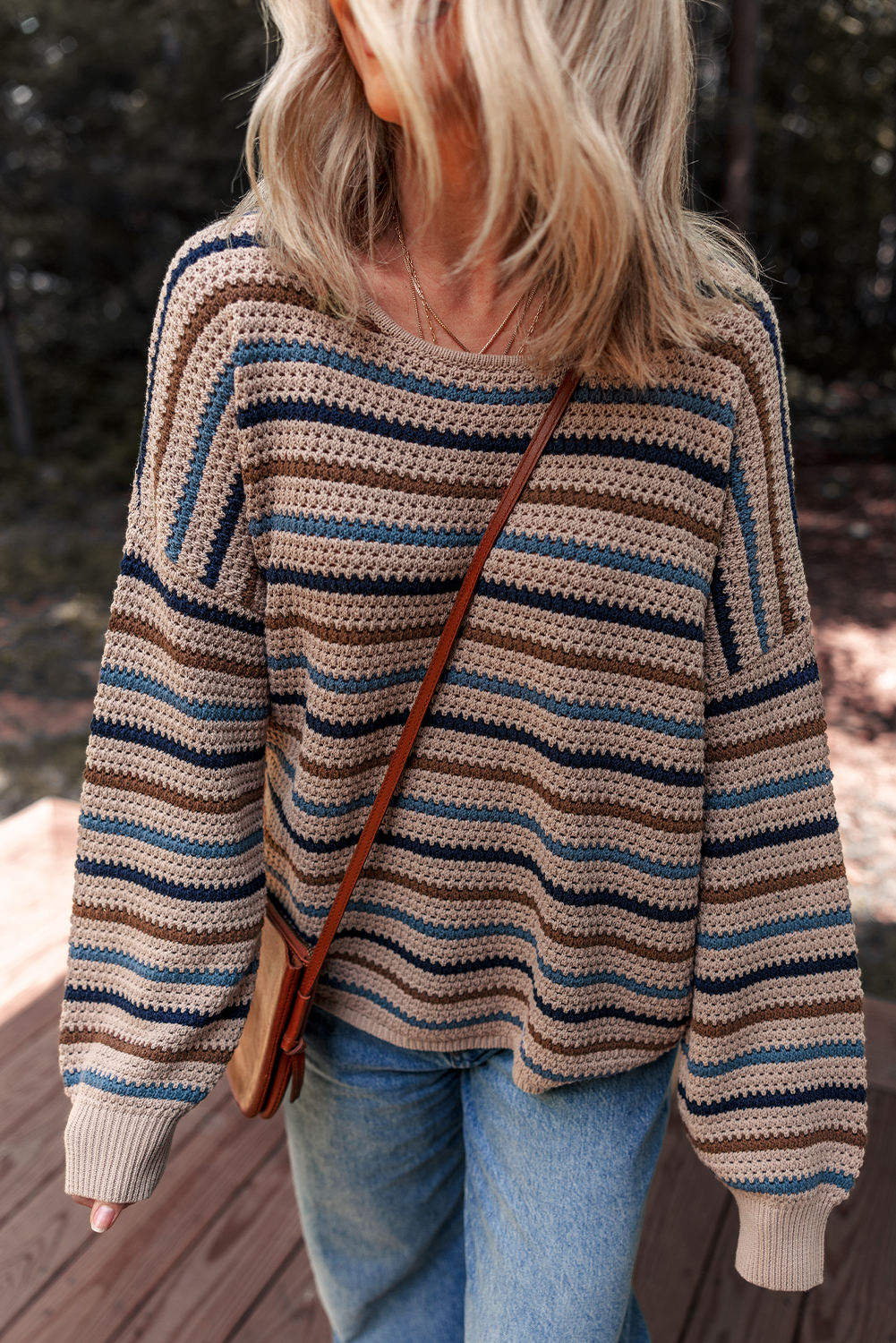 Multicolour Striped Knitted Drop Shoulder Round Neck Sweater - Image 6