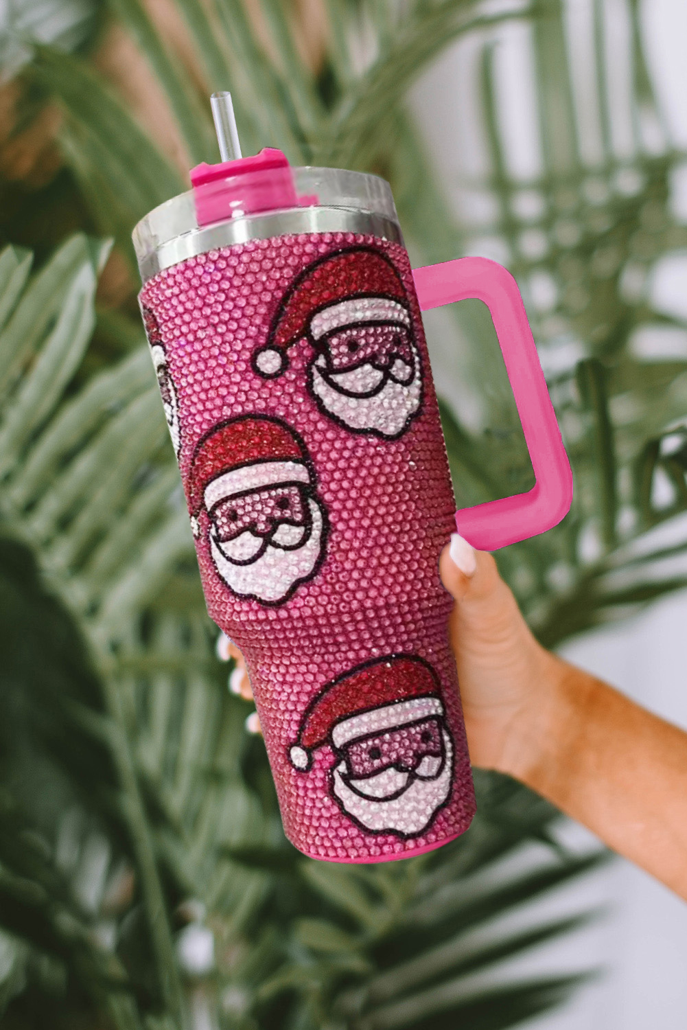 Rose Red Christmas Santa Claus Diamond Thermos Cup with Straw 40oz - Image 3