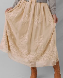 Oatmeal Embroidered Mesh Overlay Flowy Long Skirt