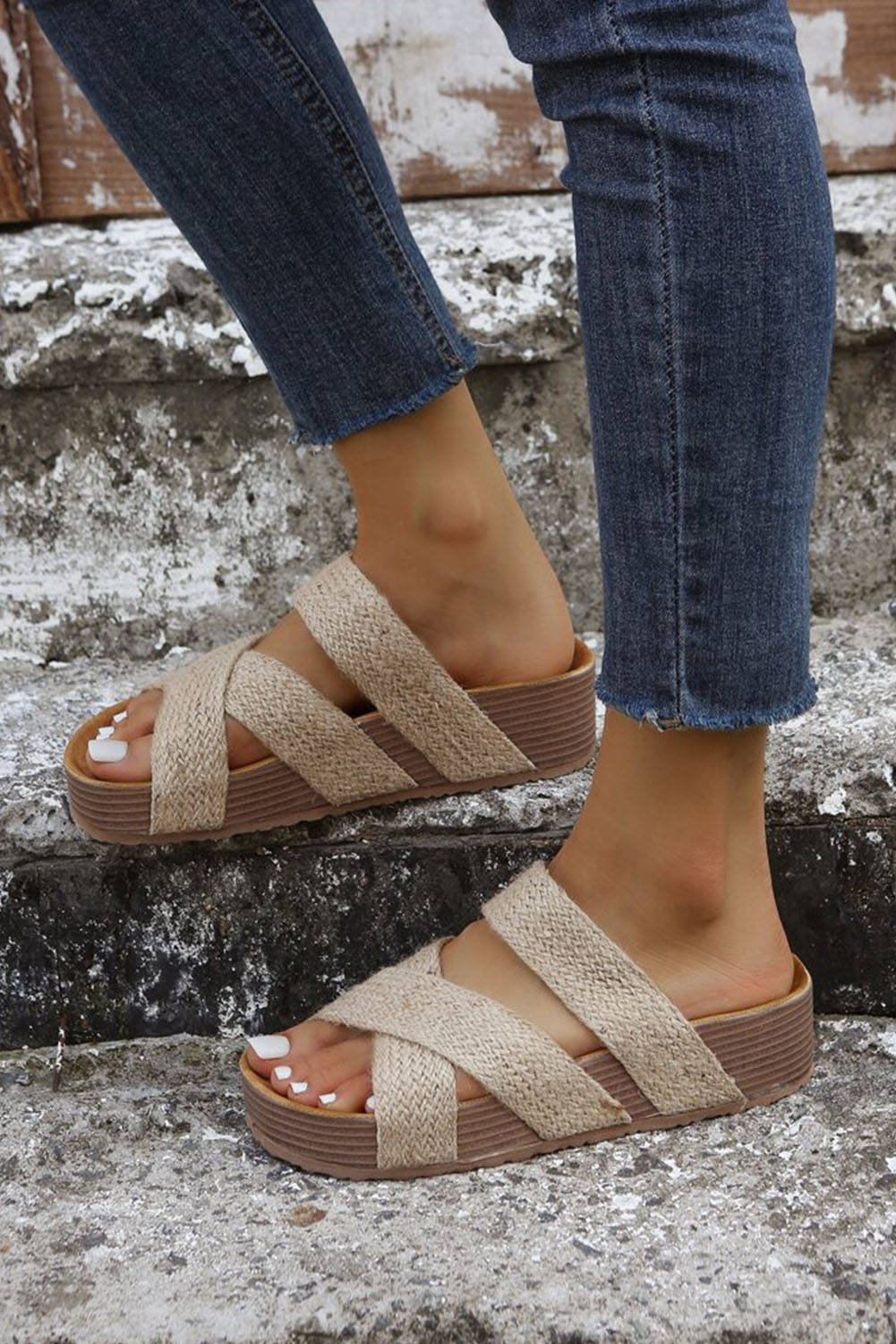 Beige Woven Cross Criss Hollowed Slip-On Slippers - Image 4