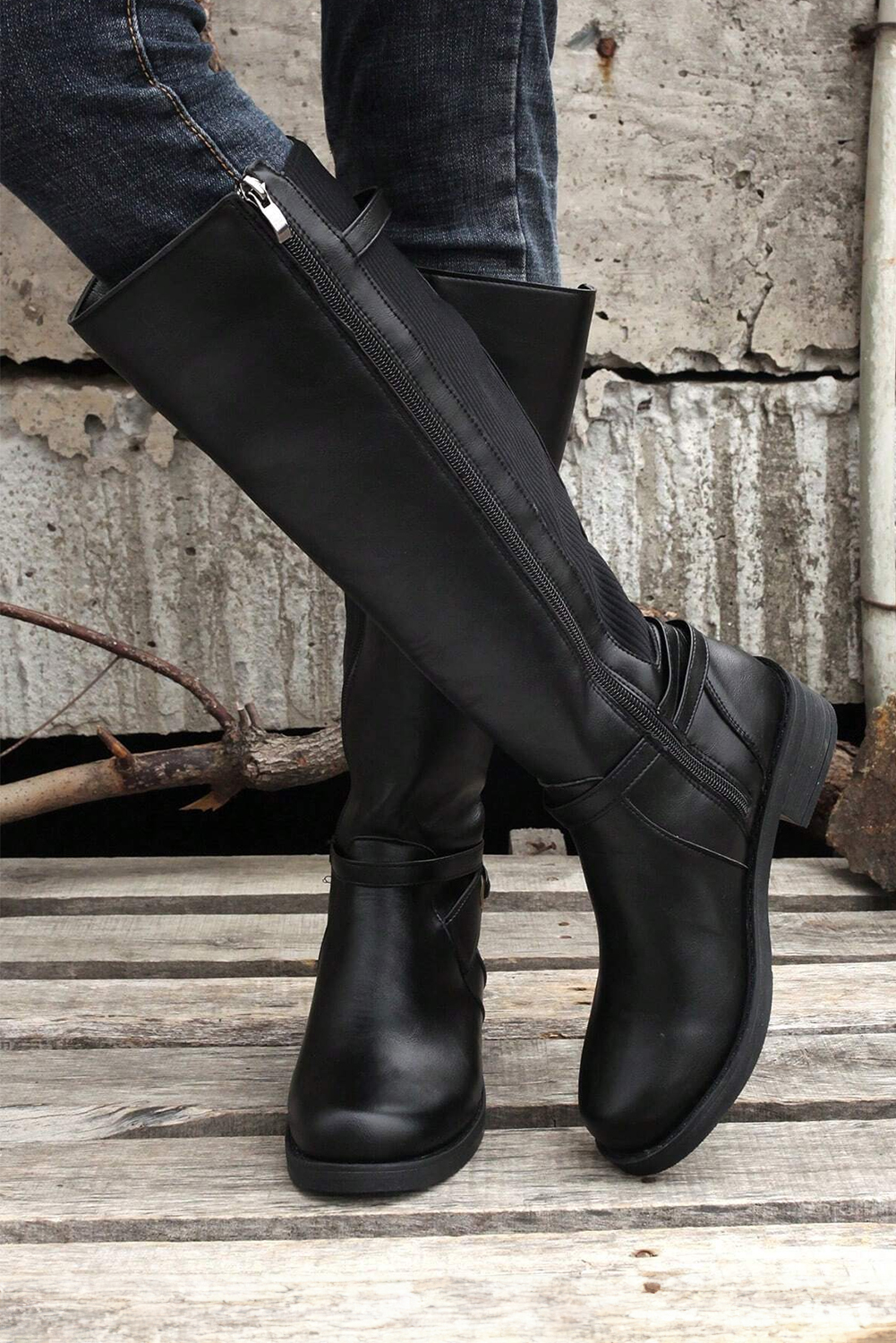 Black Side Zipper Knee High Chunky Low Heel Boots - Image 4