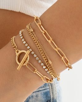 Gold Multi Layered Rhinestone Plated Chain Bracelet Set
