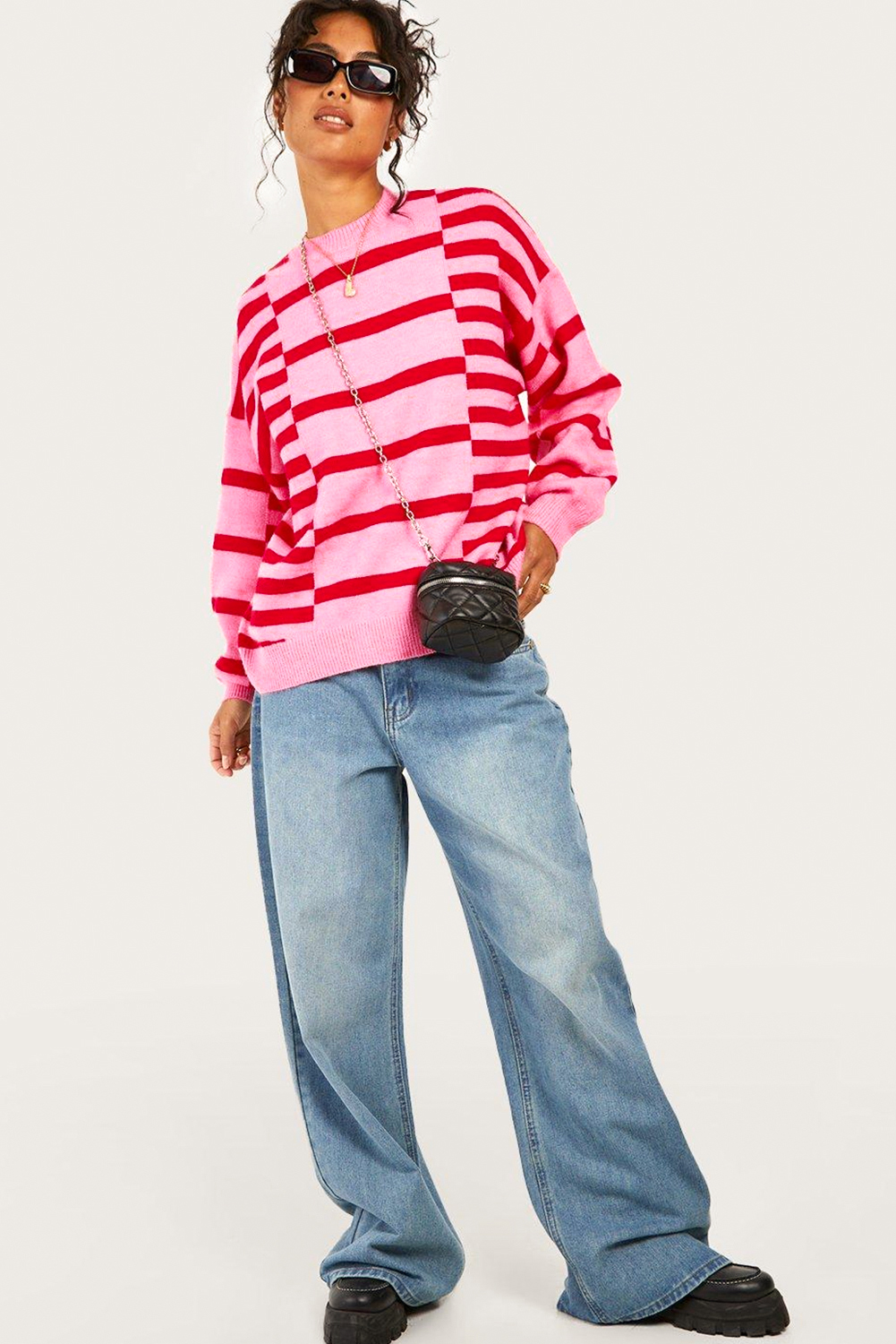 Pink Stripe Bubble Sleeve Drop Shoulder Ribbed Trim Sweater - Image 4