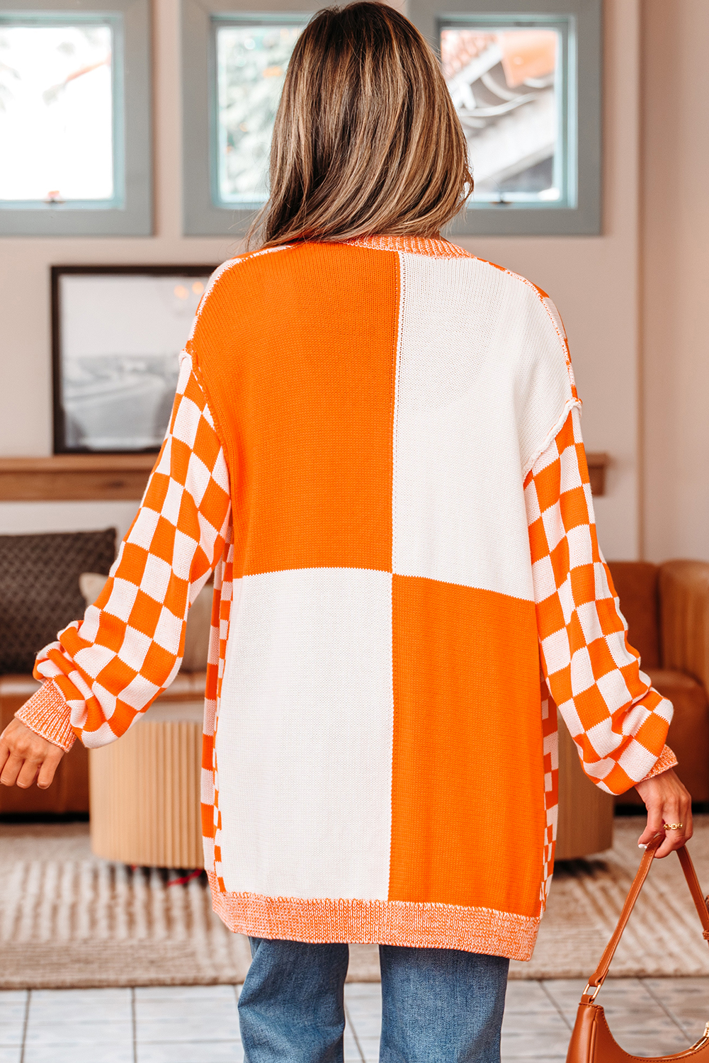 Orange Checkered Open Front Drop Shoulder Cardigan - Image 2
