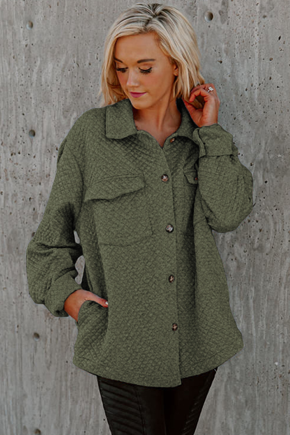Green Retro Quilted Flap Pocket Button Shacket - Image 4