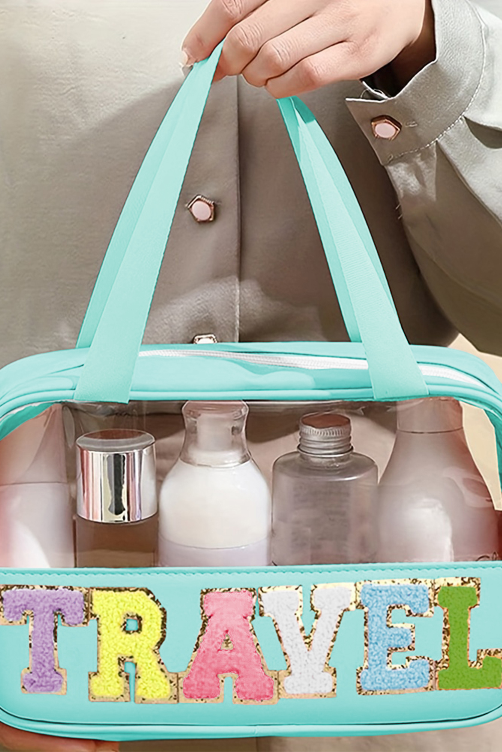 Mint Green TRAVEL Chenille Letter Clear PVC Makeup Bag - Image 2
