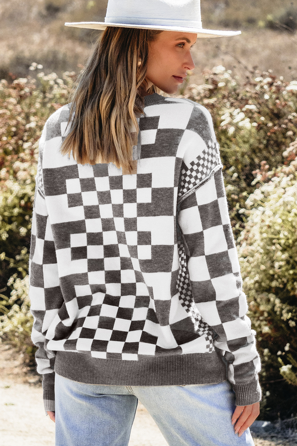 Gray Checkered Print Drop Shoulder Round Neck Sweater - Image 5