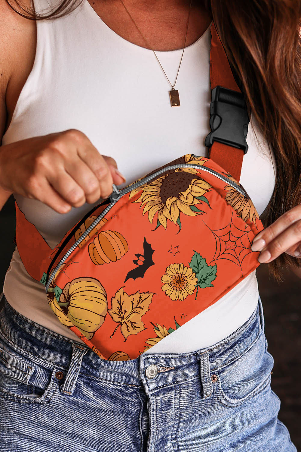 Orange Pumpkin Sunflower Halloween Graphic Crossbody Bag - Image 2
