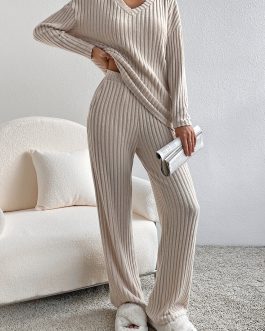 Khaki Ribbed Knit V Neck Slouchy Two-piece Outfit