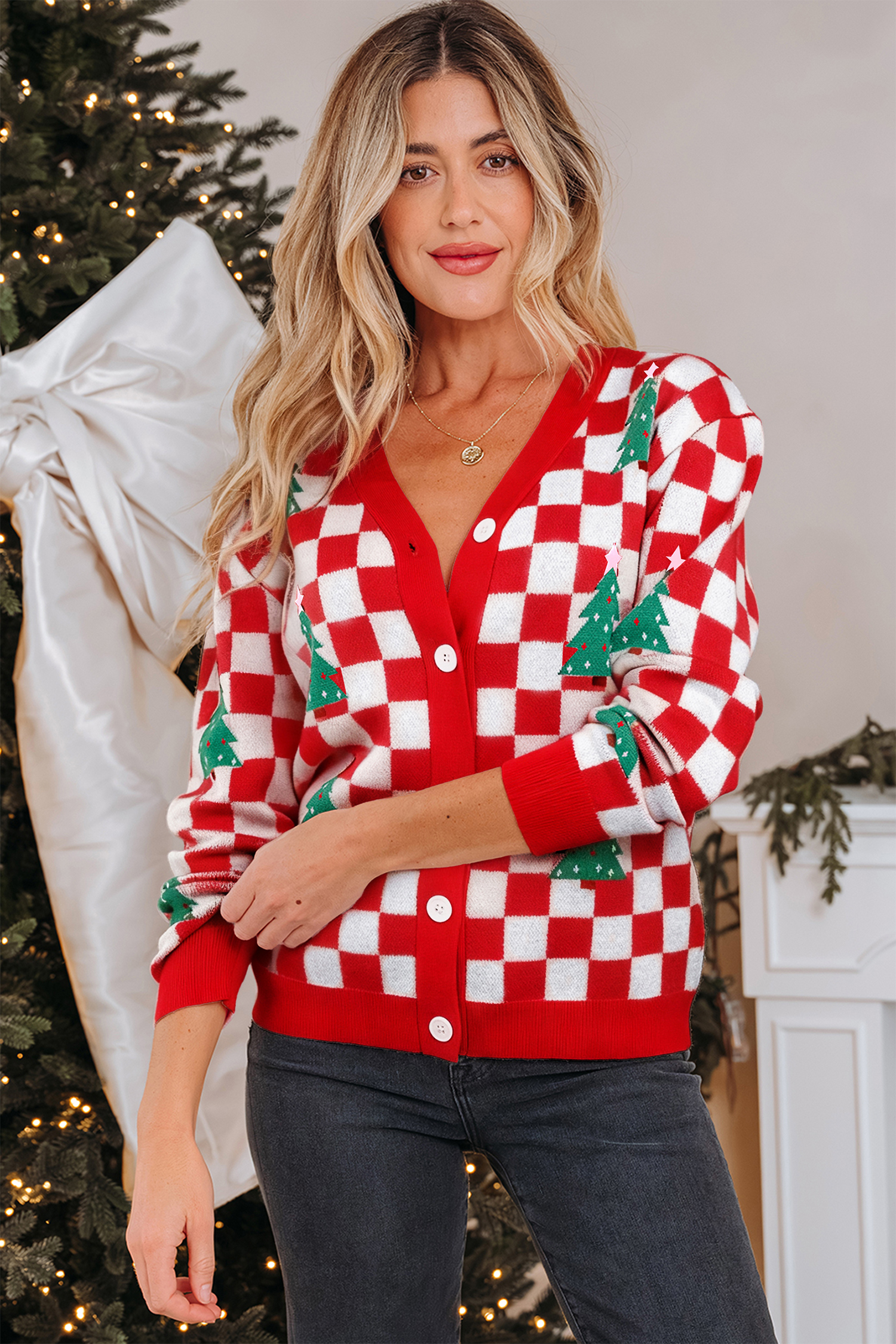 Red Checkered Christmas Tree Pattern Button V Neck Cardigan Sweater - Image 13