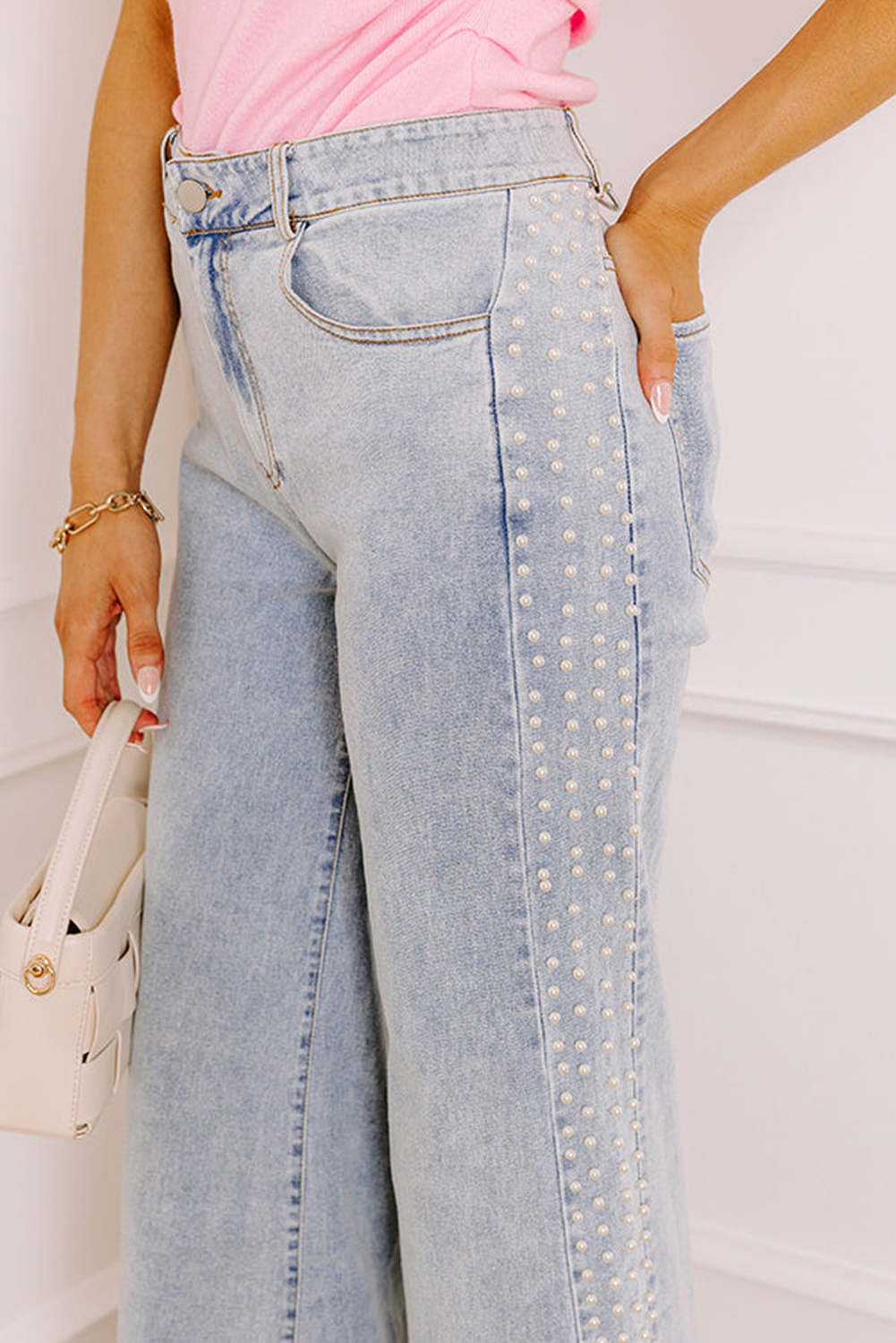 Beau Blue Mid Rise Pearl Embellished Split Wide Leg Jeans - Image 3