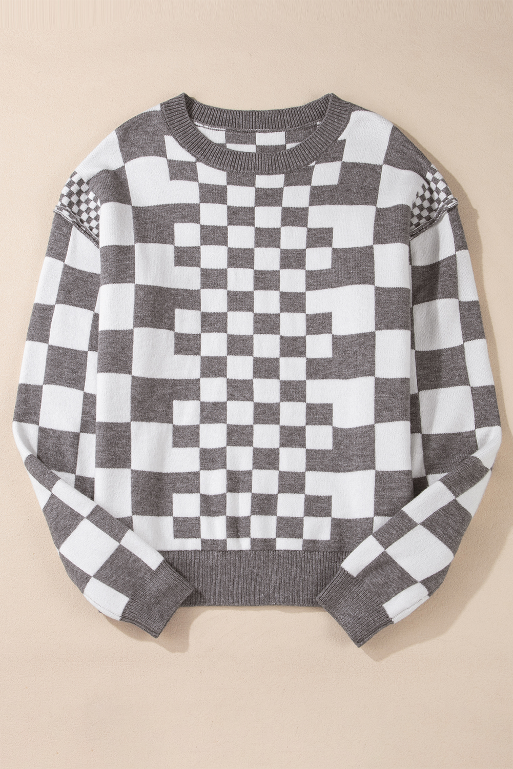 Gray Checkered Print Drop Shoulder Round Neck Sweater - Image 7