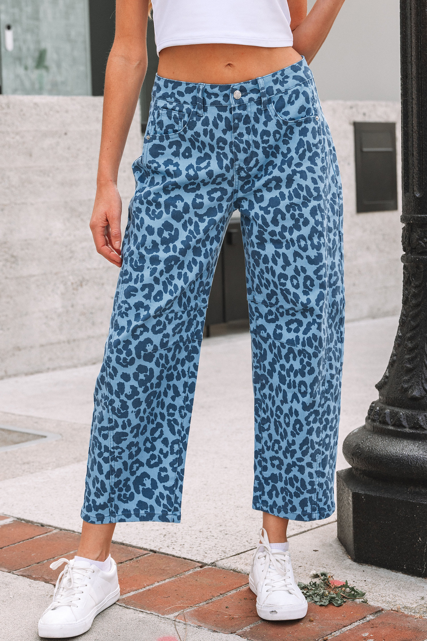 Sky Blue Leopard Print Straight Loose Jeans - Image 11