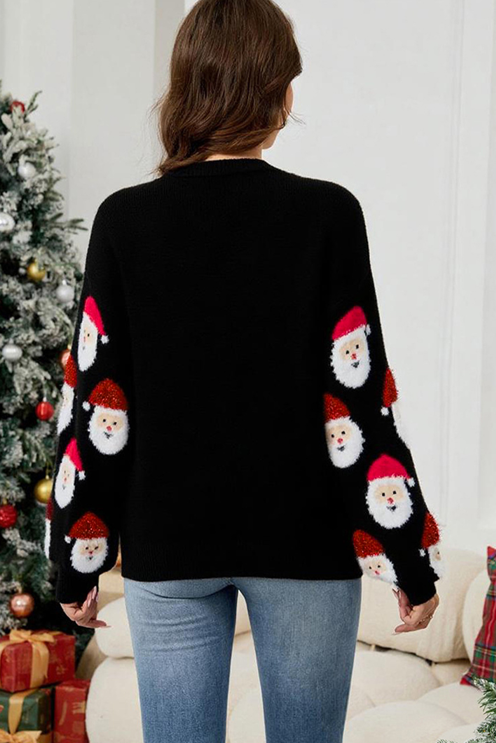 Black Christmas Santa Claus Pattern Button V Neck Sweater Cardigan - Image 2