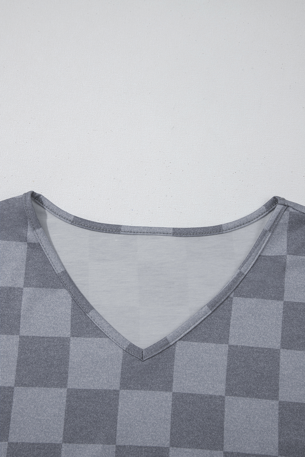 Gray Checkered V Neck Tee Drawstring Shorts Lounge Set - Image 5