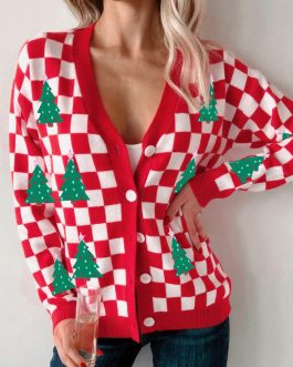 Red Checkered Christmas Tree Pattern Button V Neck Cardigan Sweater