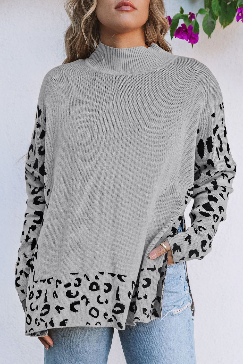 Gray Leopard High Neck Side Slit Oversized Sweater - Image 4